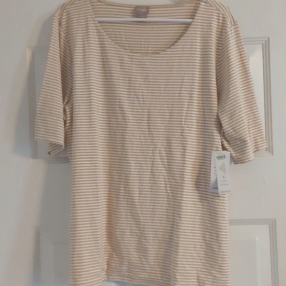 Take all 4 for $15 Chico's Touch of Cool Striped Ballet Elbow Tee. Sand. - Picture 4 of 4